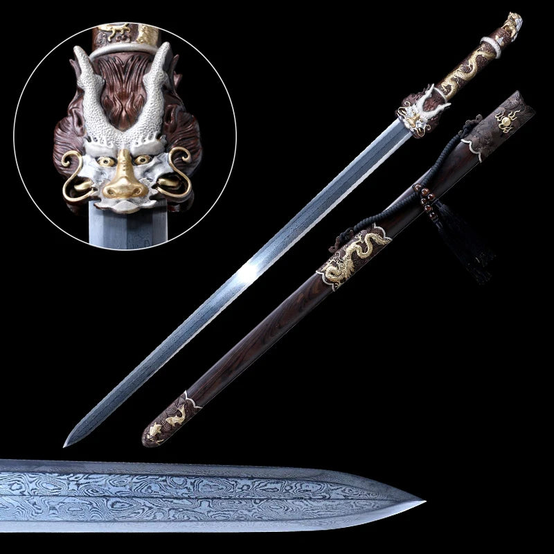 Quality Chinese Dragon Sword Handmade Forged Folded Steel Blade Ebony Wood Sheath Collection Art Props Antique Swords