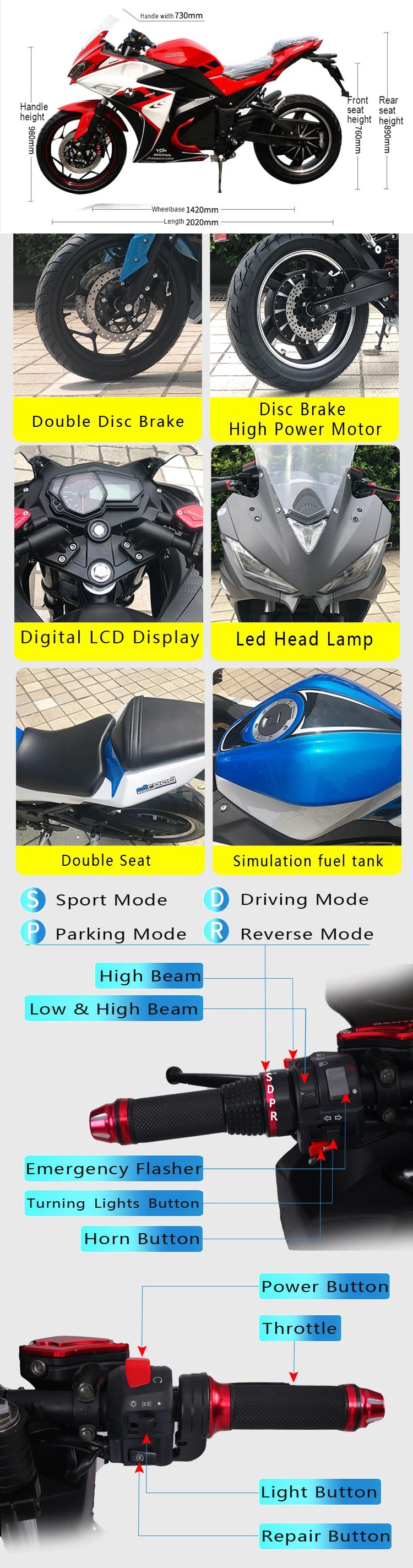 Factory Cheap High Speed V6/R3 Customized 15000 Watts 8000 Watt Racer Motorcycle Electric Scooter Racing Motorcycle Adults 72v