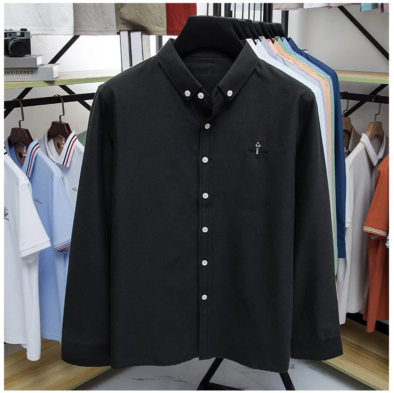 High end brand men's long sleeve shirt fashion cartoon embroidery comfort silk cotton solid color luxury golf casual lapel top
