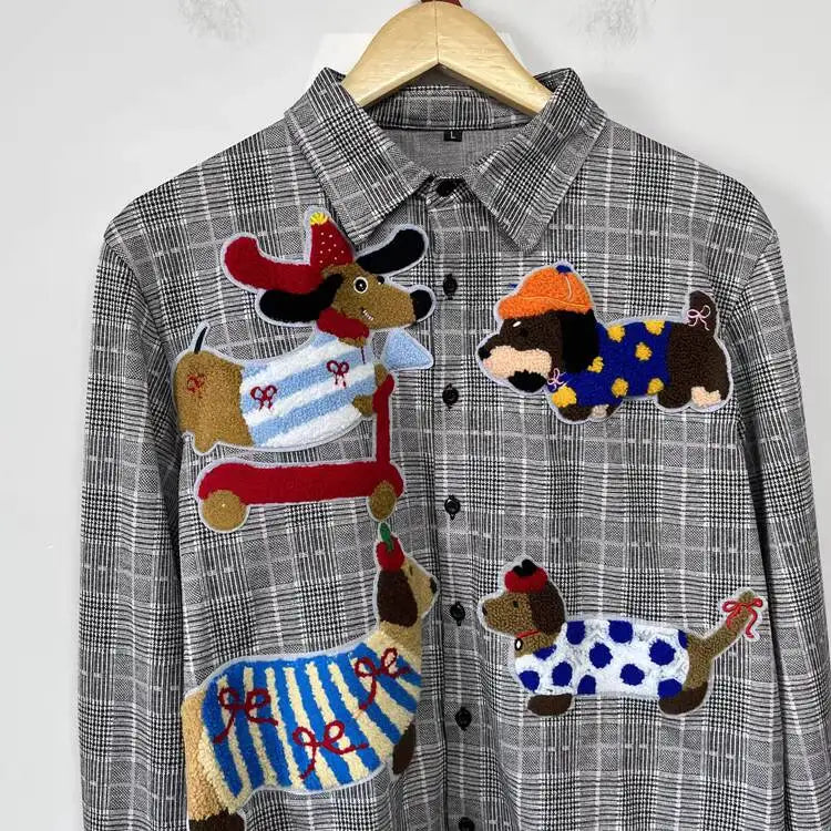 PFHQ Fashion Men's Shirt Cartoon Towel Embroidered Decoration Plaid Design Loose Personality Versatile Male Shirt Tide 21P2205