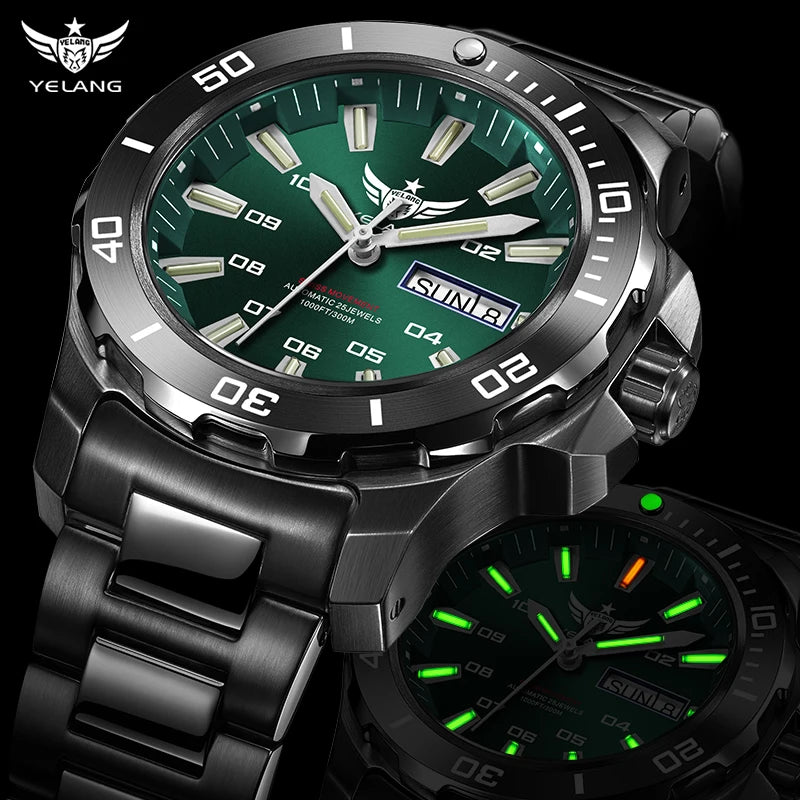YELANG New Men Automatic Mechanical Watch T100 Self Luminous SWISS ETA Movement 25Jewels Deep Sea DiverSwim Waterproof 300m V5