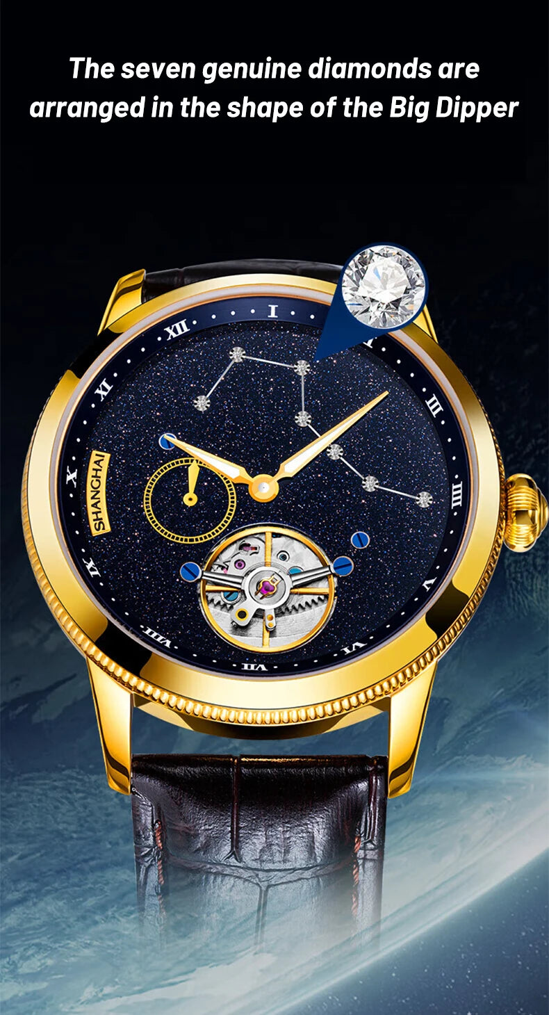 Shanghai Watch Carousel Manual Winding Mechanical Watches Luxury Men's Wristwatch Rotating Dial Luminous Waterproof Watch 6813J