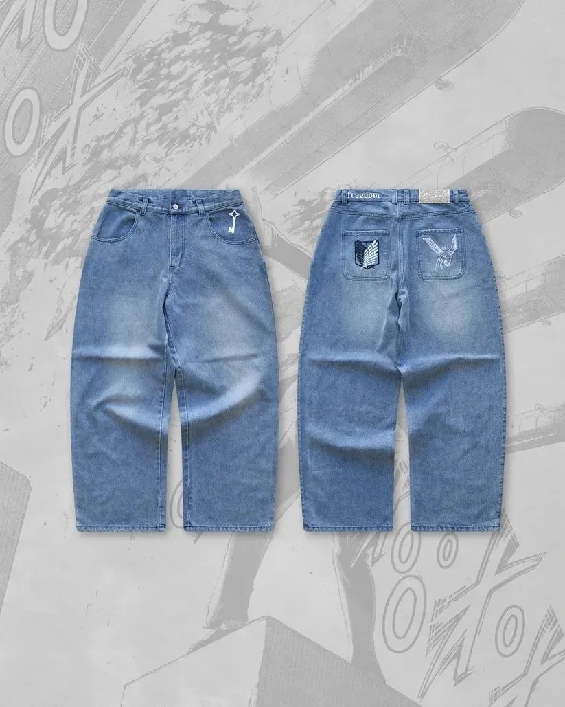 Y2K Japanese AOT Freedom Wings Embroidery Jeans Men Women Wide Leg High Waist Denim Pants Wings of Liberty Patch Blue Black Jean