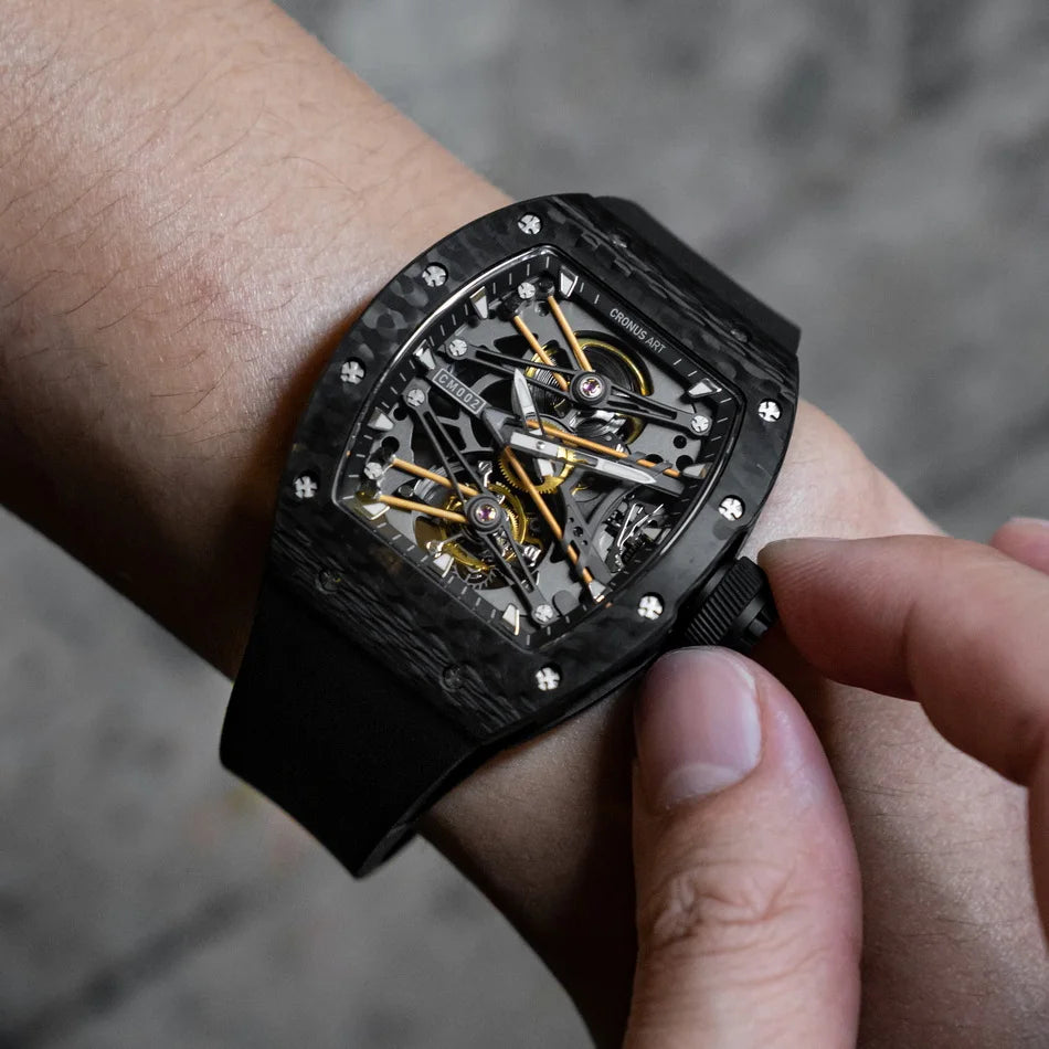 CRONUSART Men Tourbillon Watch Tonneau 50mm Mechanical Wristwatch Carbon Fiber Luminous Skeleton Dial Sapphire Mirror