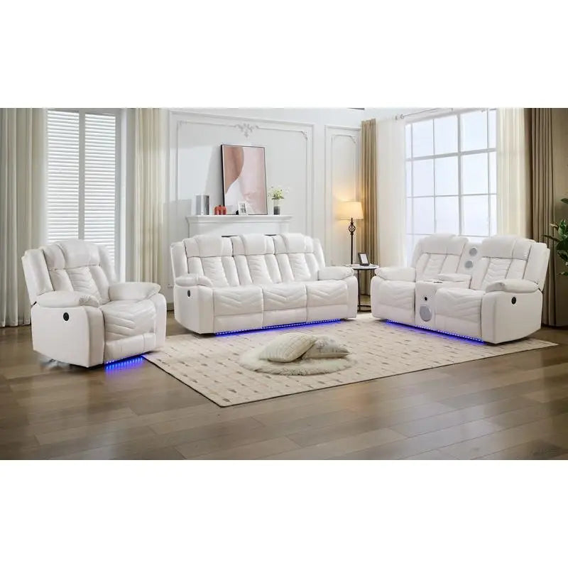 Power Reclining Sofa Set, 3-Piece Tech Leather Loveseat with Wireless Charger and LED Strip for Living Room, White Color