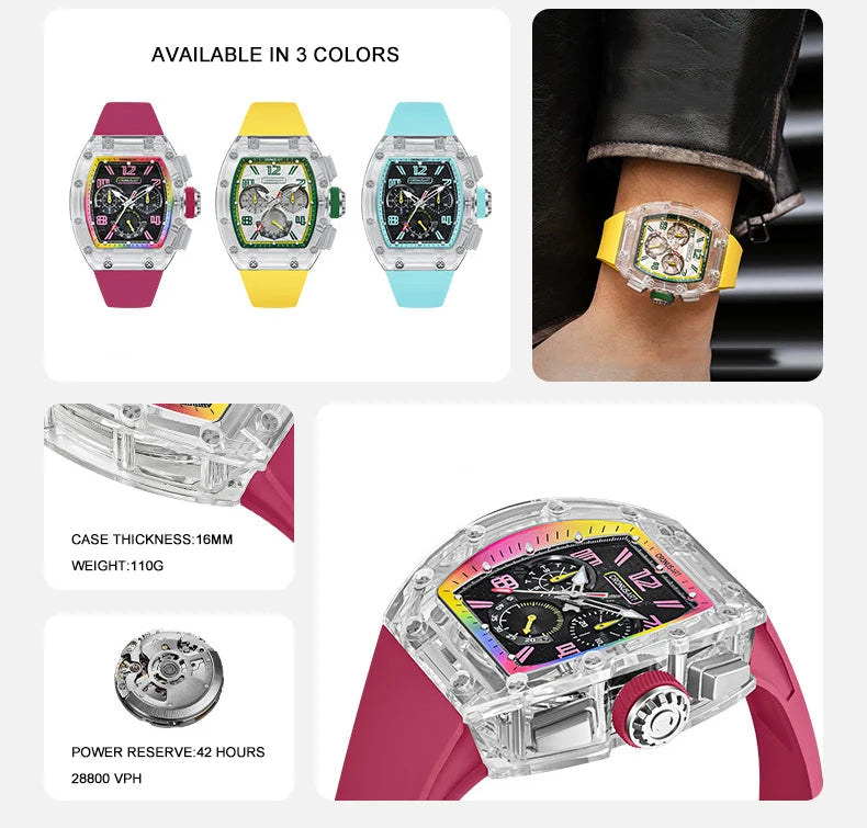 CRONUSART Men Automatic Watch 50mm Tonneau Chronograph Mechanical Wristwatch 5ATM Luminous Sapphire Case & Mirror Meteorite Dial