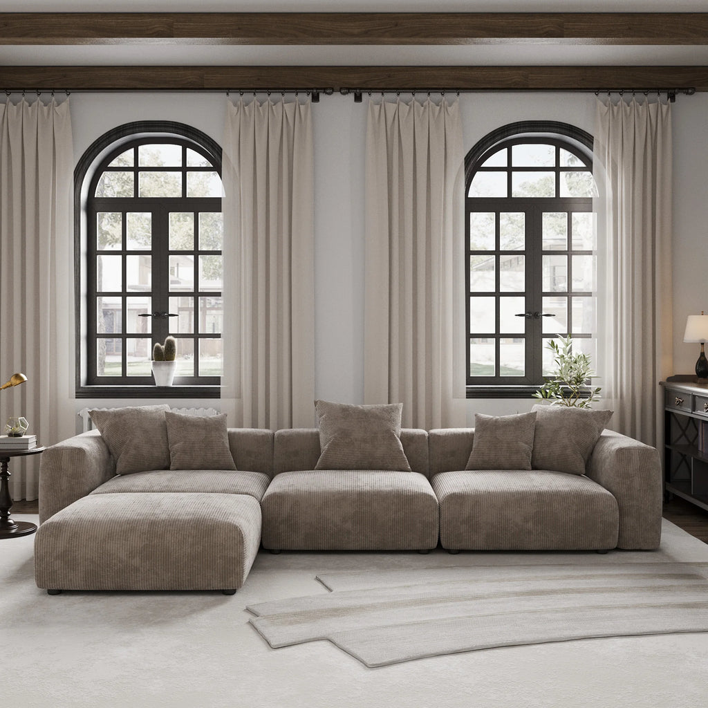 Sdorens 141.73'' L Shape Sectional Sofa Corduroy Fabric Couches Oversized 3 Seater Couch with 1 Ottomans for Living Room Set