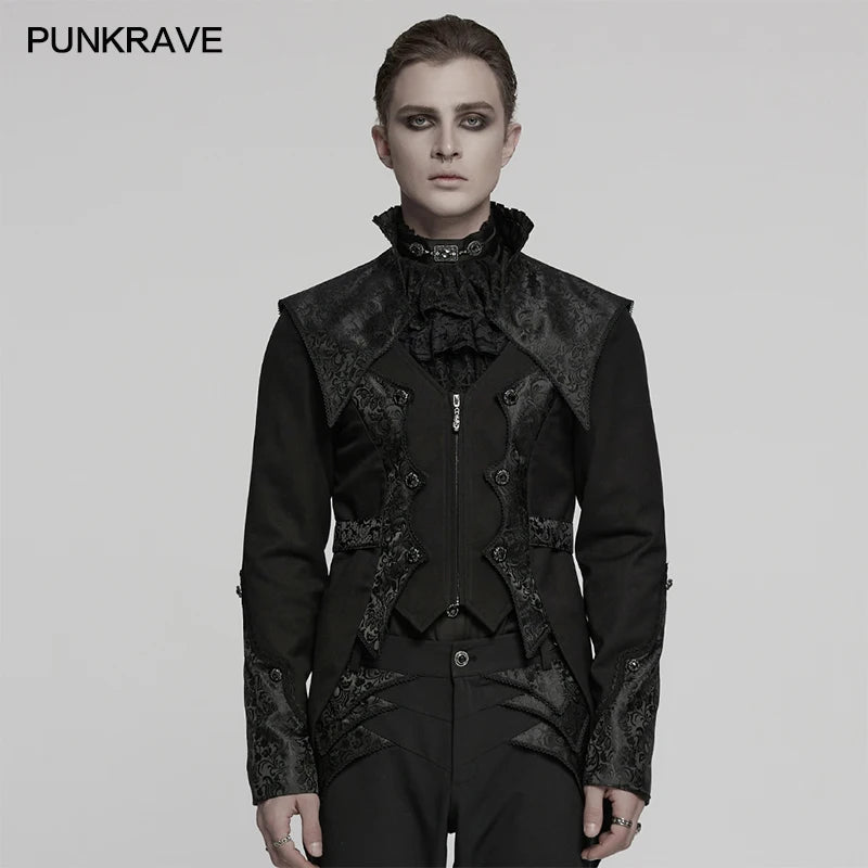 PUNK RAVE Men's Gothic Textured Jacquard Luxury Gentleman Tuxedo Handsome Stand Up Collar Cloud Shoulder Style Elegant Jacket