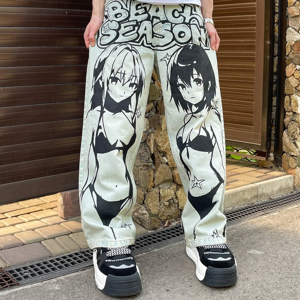 Anime Sexy Girl Print Blue Baggy Jeans New Style Wide Leg Trouser Y2k Harajuku Popular Streetwear Men Women High Waist Pants