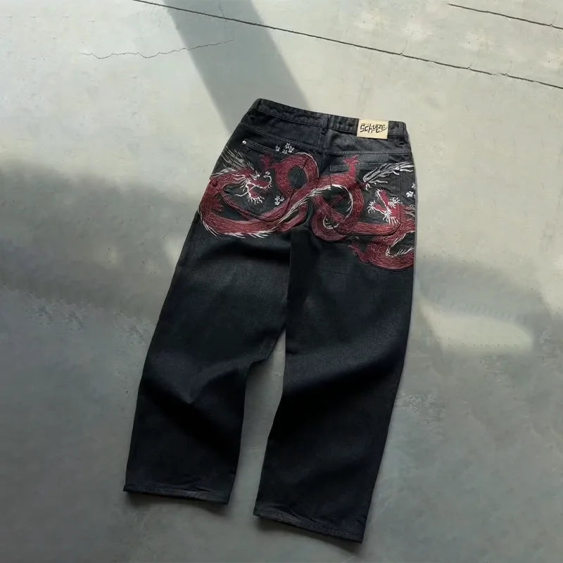 Y2K Harajuku Jeans new Dragon Embroidery high quality jeans 2000s Gothic Vintage Hip Hop streetwear denim fabric wide leg pants