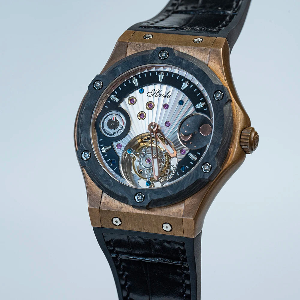 Haofa Manual Tourbillon Movement Watch for man Sapphire Mechanical Bronze Case Carbon Fiber Bezel Mens Watch Day And Night 1915T