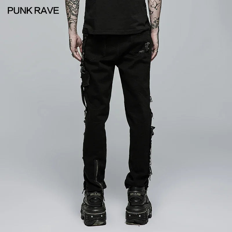 PUNK RAVE New Men's Punk Rock Broken Hole Net Black Long  Trousers Gothic Casual Male Motocycle Cotton Denim Pants Visual Kei