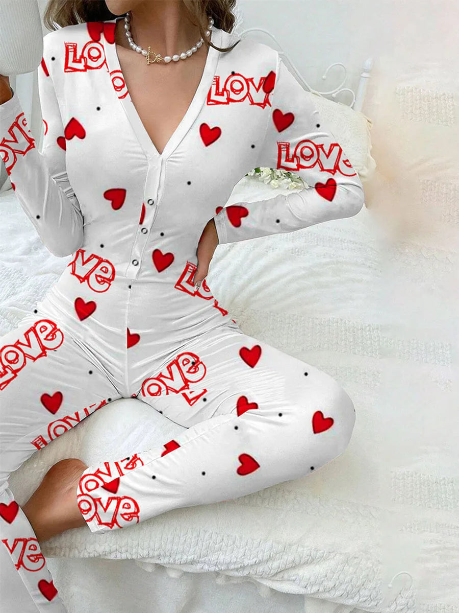 Women Jumpsuit Long Sleeve V Neck Button Closure Letters Heart Print Bodysuit Loungewear Sleepwear for Valentines Day
