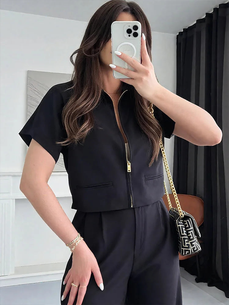HXAO Cropped Women's Jackets With Zipper Outerwears Top Summer Crop Cardigan Short -Sleeved Female Jacket Black Short Coats