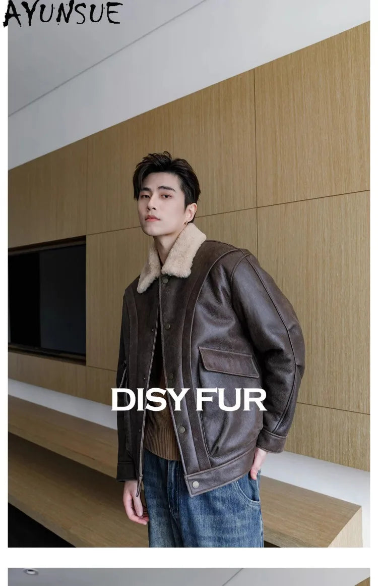 AYUNSUE Natural Sheepskin Fur Coat Men Autumn Winter New Short Real Wool Man Vintage Leather Jacket Motorcycle Fur Coats Jackets