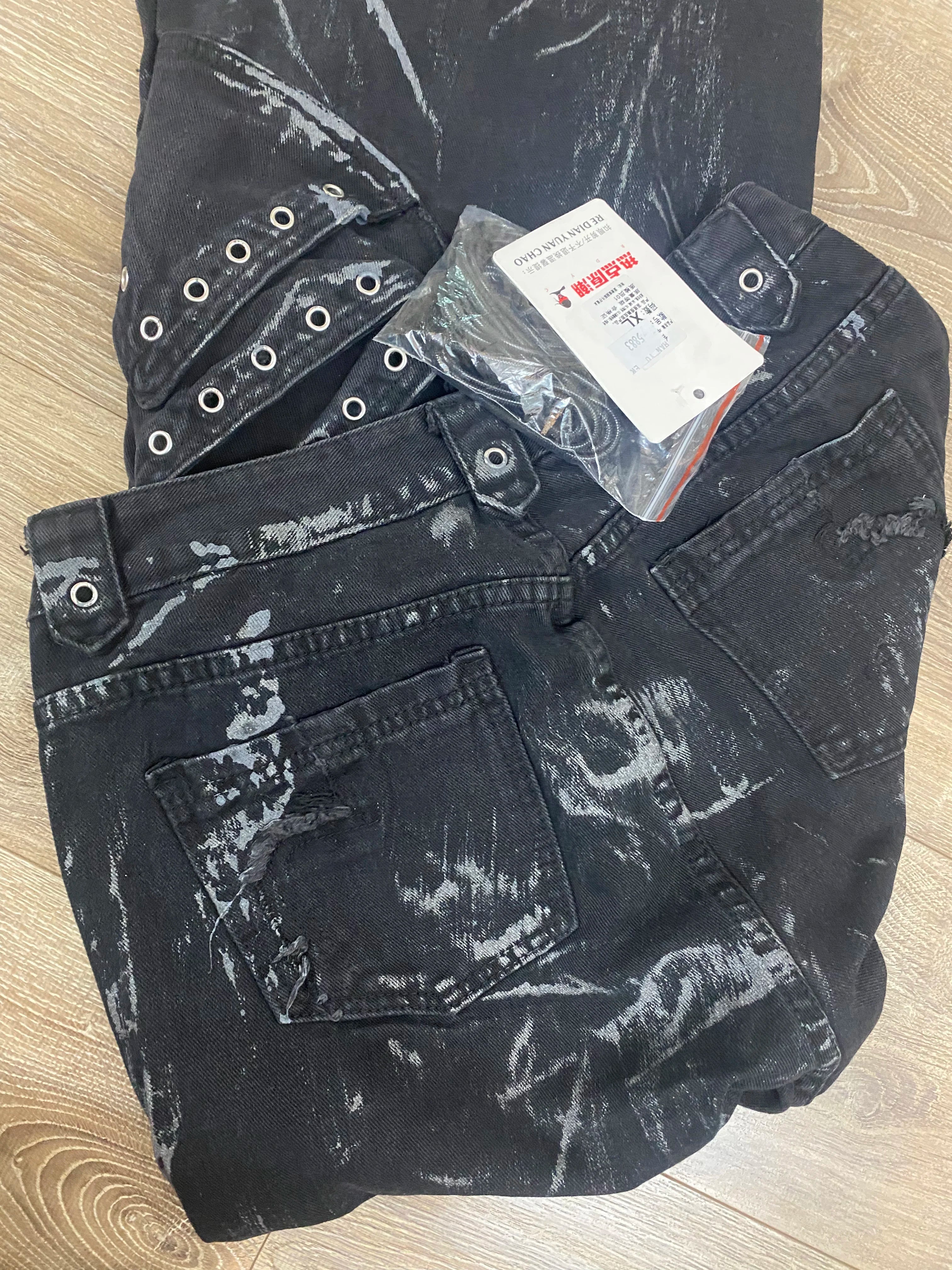 High Street Men's Denim Trousers Patchwork Contrast Color Drawstring Raw Edge Dirty-dying Worn-out Male Jeans New