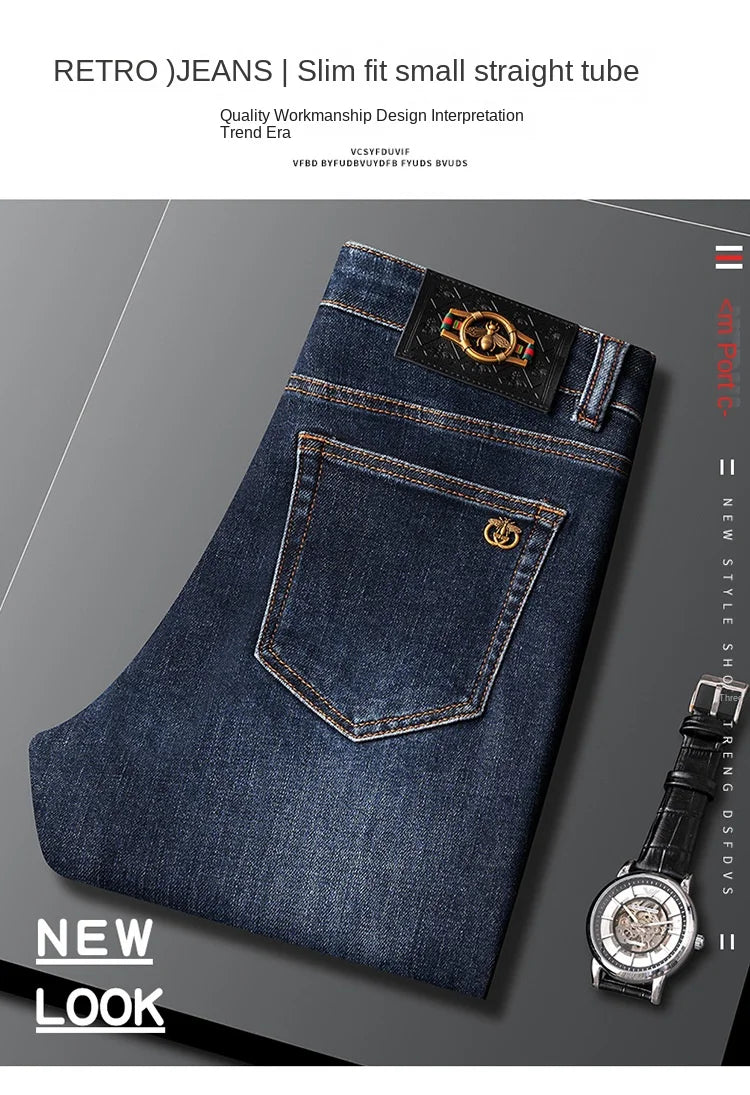 Light Luxury Blue Jeans Men's Autumn and Winter Thick 2024 New Simple and Versatile Casual Stretch Slim High-End Trousers