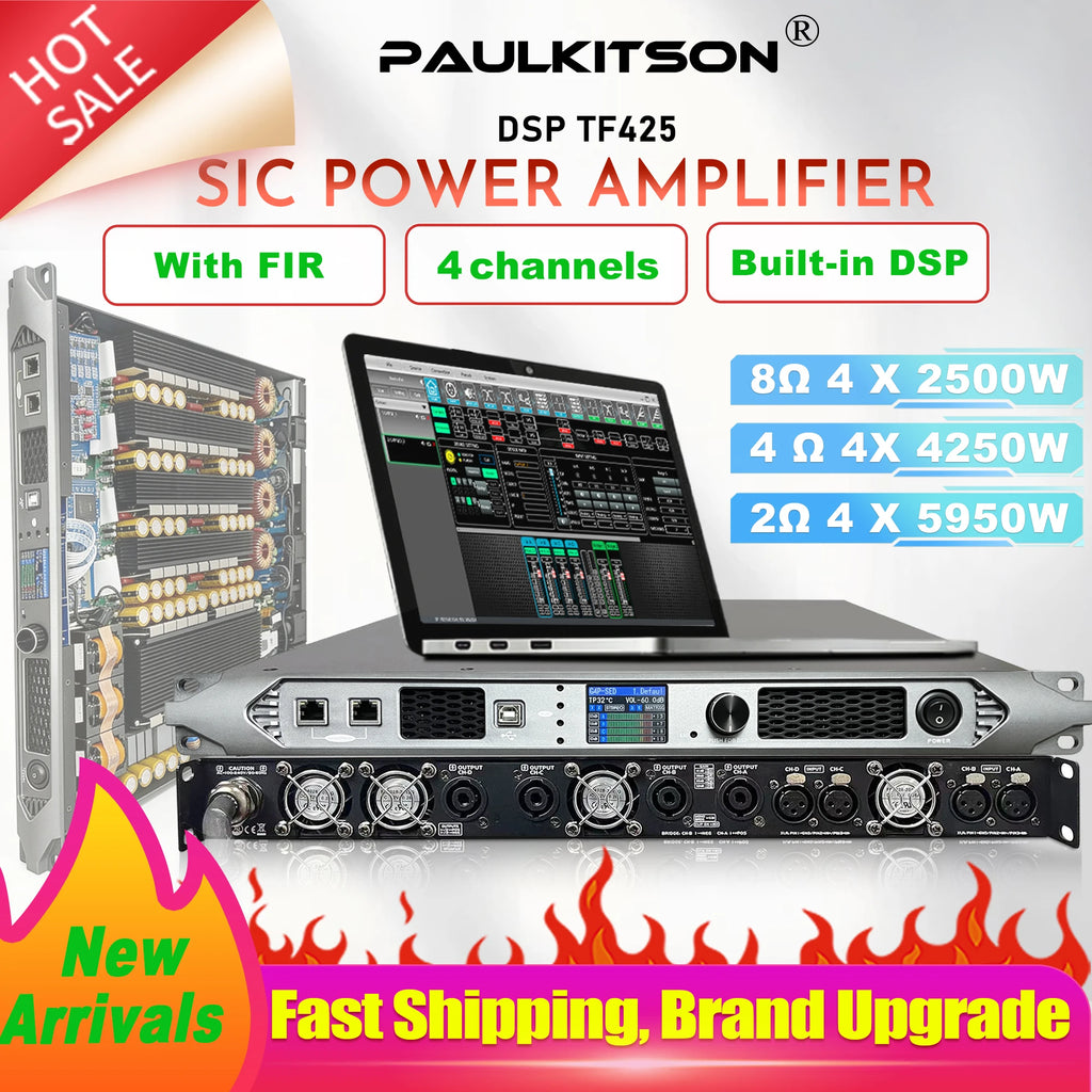 Paulkitson Professional 4channel Digital Power Amplifier Silicon Carbide Class D Power Amplifier Stable 2Ω 4x6800w For Speakers