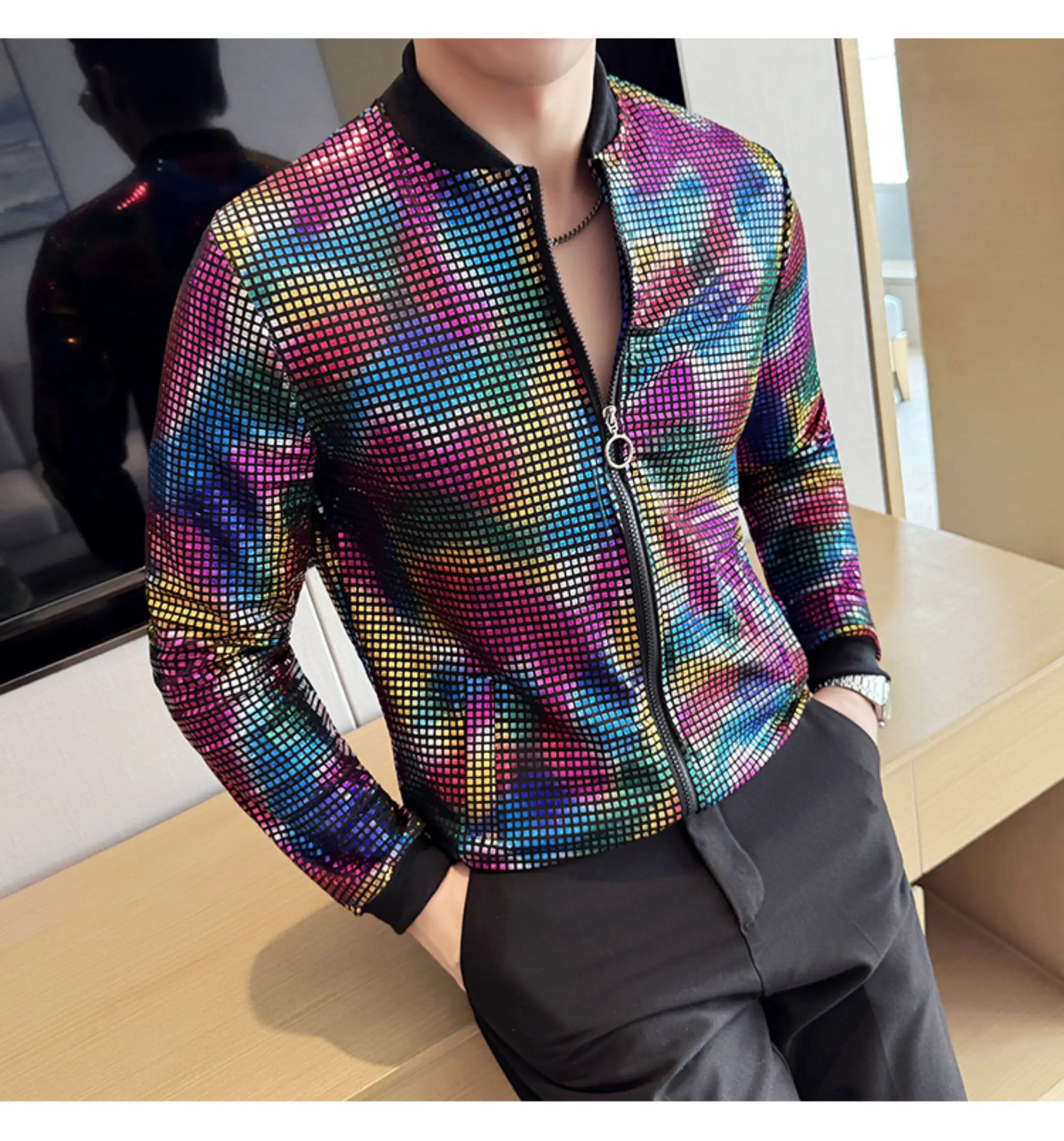 Y2K Men's Streetwear Night Club Stage Thin Motorcycle Jackets Fashion Men Hip Hop Sequined Bombers Jacket Coat Fashion Clothing