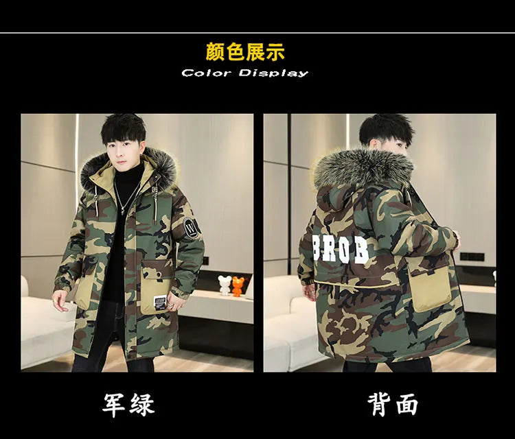 Fashion Mid-Length Camouflage Warm Parkas Winter Men's High Street Wear Windproof Hooded Plush Jackets Outdoor Thick Fleece Coat
