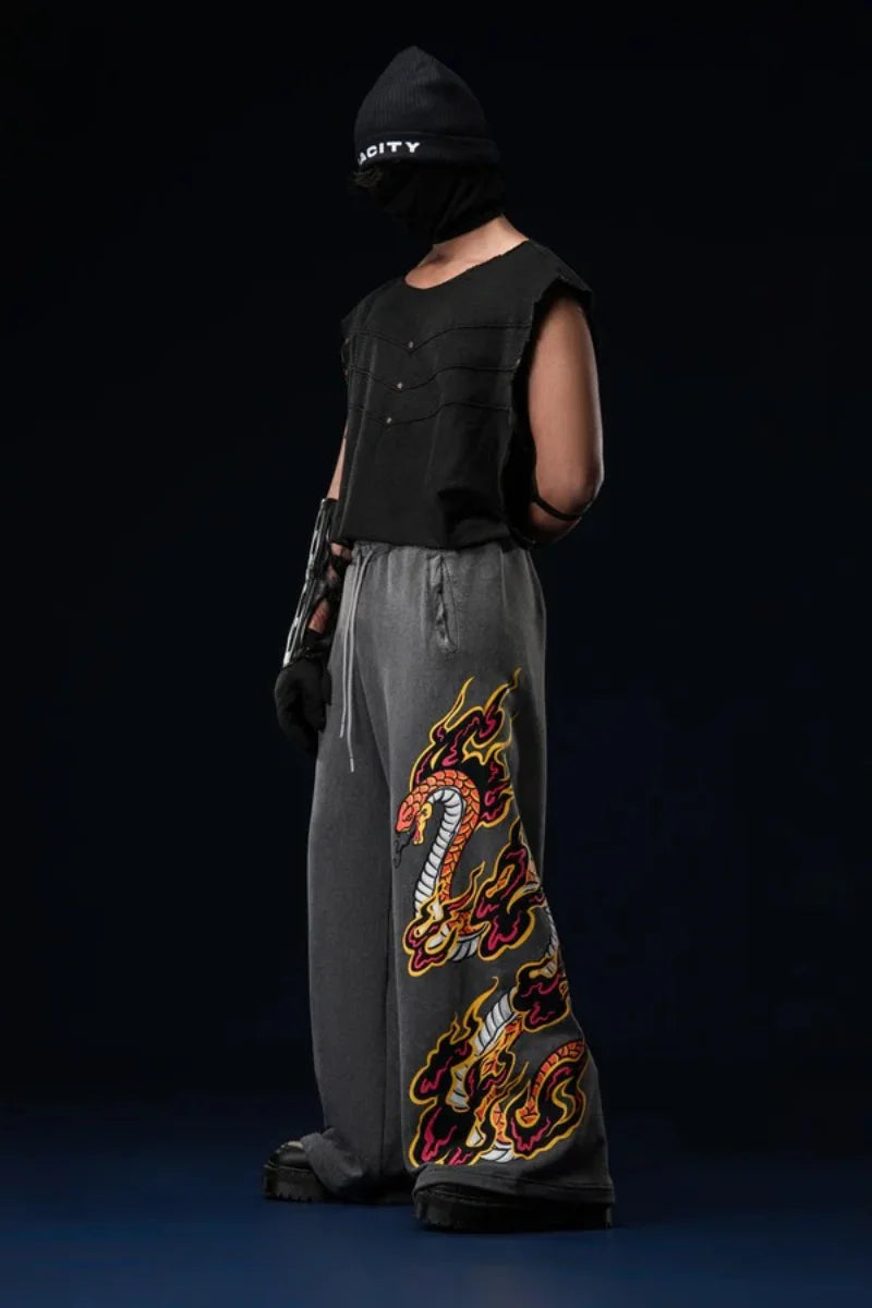 Y2K Retro Harajuku Jeans Flame Dragon Snake Graphic Printing Baggy Pants Wide Leg Sweatpants Vintage Men Women Streetwear