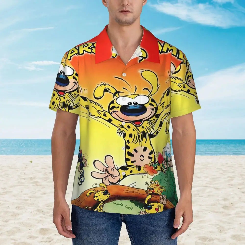Art - Marsupilami Cartoon Anime Men's Shirts Hawaiian Short Sleeve Shirt Funny Button Tops for Summer Beach