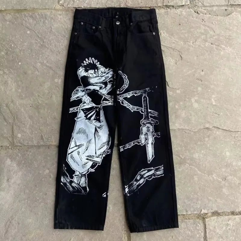 New Trend Printed Demon Slayer One Piece Jujutsu Kaisen Anime Characters Teen Loose Casual Jeans Japanese Retro Straight Jeans