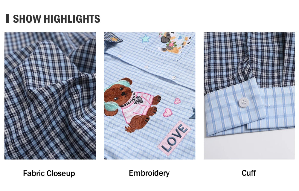 Plaid Patchwork Long Sleeve Shirts Mens Cartoon Embroidery Spring Retro Casual Loose Lapel Single Breasted Shirts Man