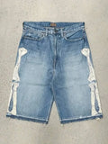 Mens Denim Shorts With Bone Applique Casual Summer Style