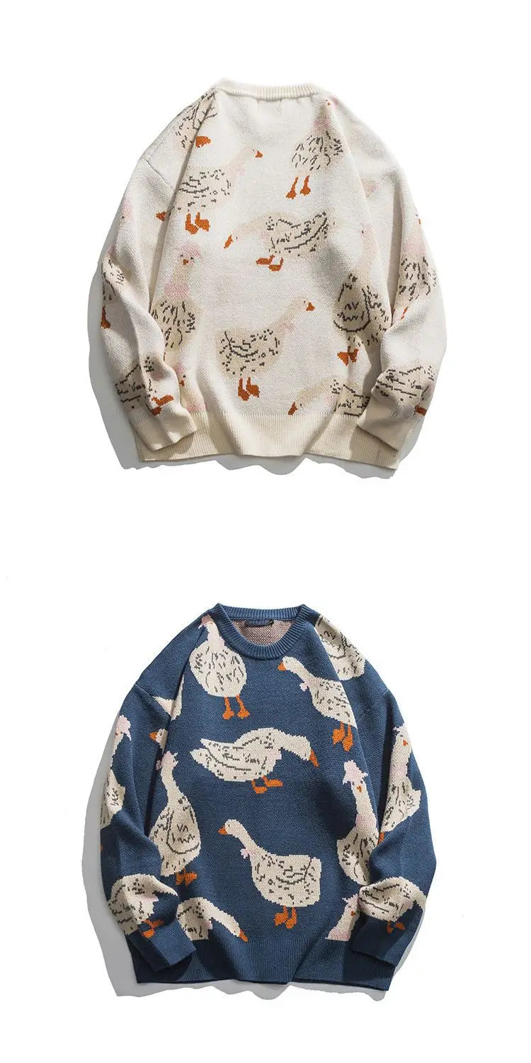 Chic Cartoon Animal Duck Goose Print Knitted Sweater Men Pullover Harajuku Casual O-Neck Oversize Streetwear Fall Winter Top