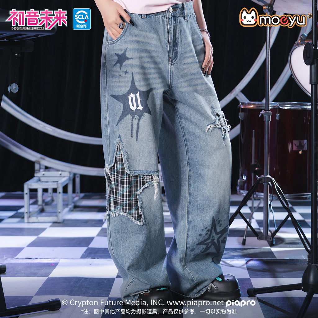 Moeyu Hatsune Miku Women Denim Trousers Jeans Pants Vocaloid Cosplay Casual Costume Woman Clothing Girl Punk Pant Streetwear