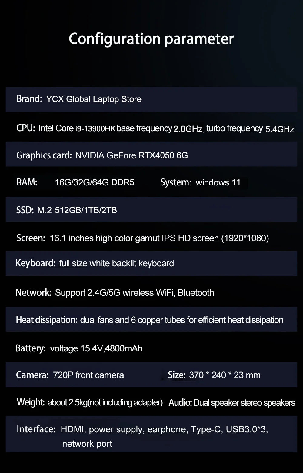 16.1 Inch Gaming Laptop RTX4050 6G Intel Core i9-13900HK Windows11 RAM Max 64GB DDR5 2*M.2 NVME 2TB SSD WiFi Office Notebook