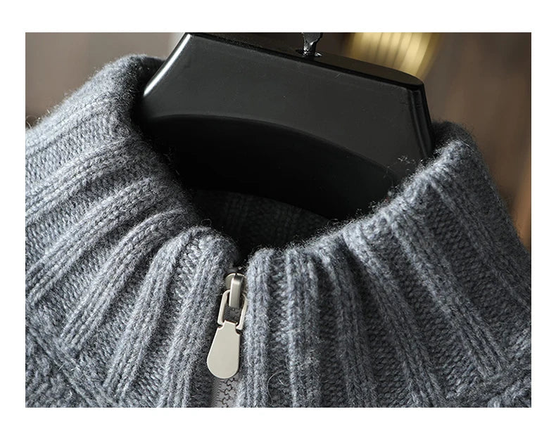 Men's 100% Pure Cashmere Knitting High Neck Cardigan Zipper Thickened Coat Fashion Old Money Style Big Fried Dough Twist Design