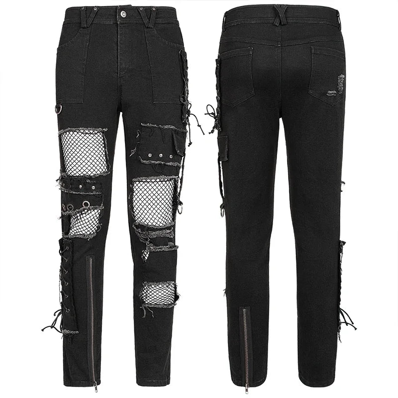 PUNK RAVE New Men's Punk Rock Broken Hole Net Black Long  Trousers Gothic Casual Male Motocycle Cotton Denim Pants Visual Kei