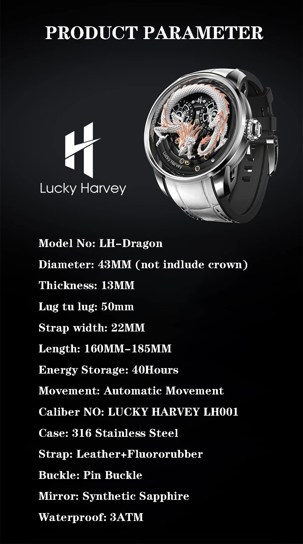 Lucky Harvey Chinese 3D Engraving Dragon Dial Automatic Mechanical Watches for Men Sapphire Crystal Business Fashion Watch