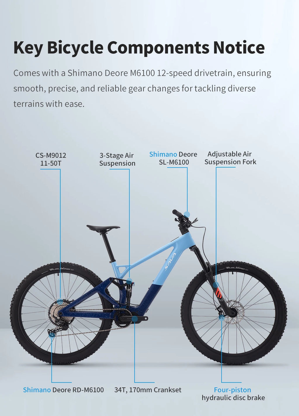 SAVA E-BIKE Full Carbon Fiber Mountain Bike Adjustable Air Suspension Fork 12-Speed Off-Road Electric Assist Mountain Bike