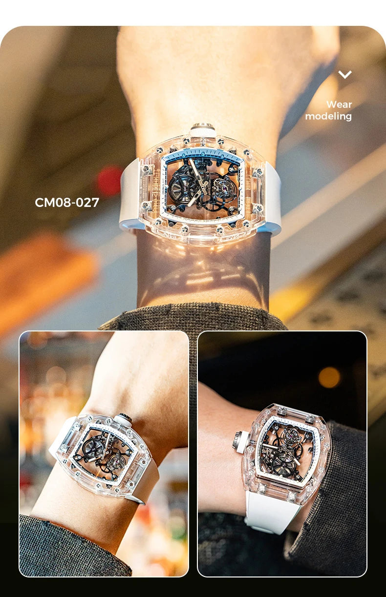CRONUSART Men Tourbillon Watch 50mm Tonneau Mechanical Wristwatch Sapphire Case Mirror Luminous Fluororubber Strap Skeleton Dial