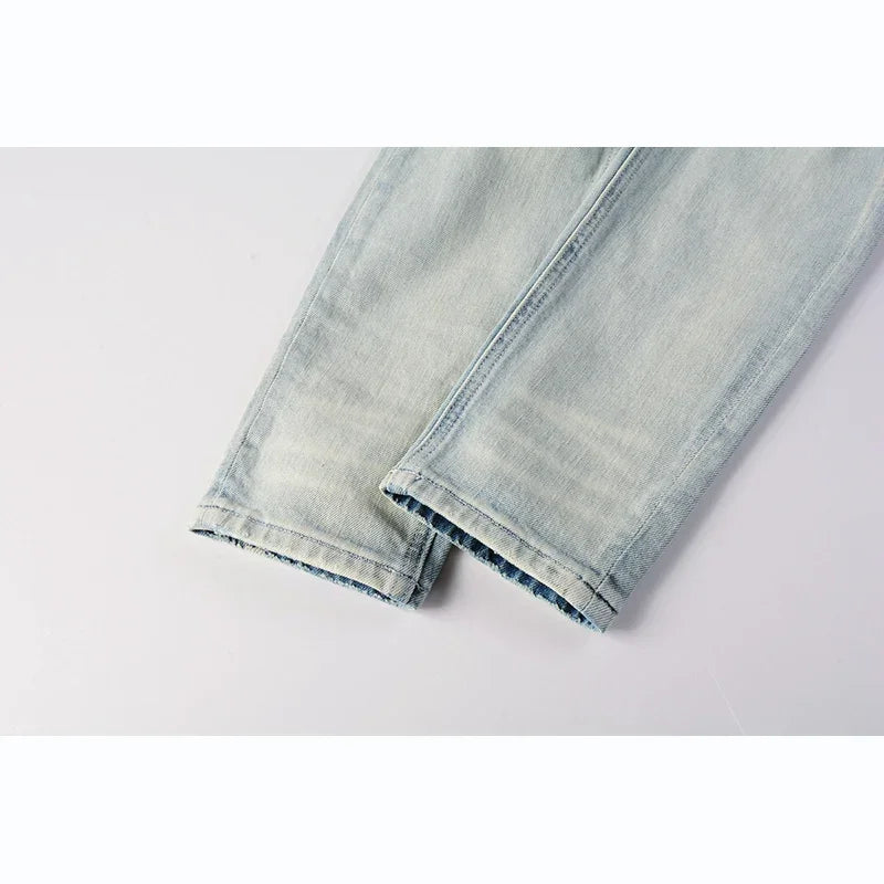 Men's High Street Distressed Light Indigo Stretch Skinny Button Fly Ripped Jeans Pants