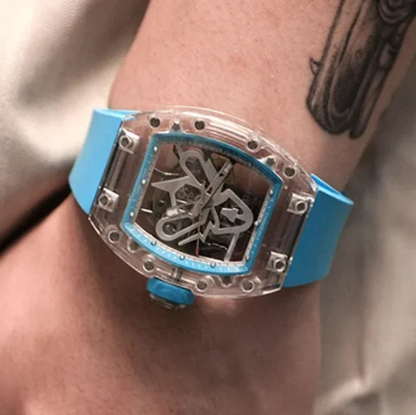 CRONUSART Men Automatic Watch 50mm Tonneau Mechanical Wristwatch Sapphire Case & Mirror Luminous Fluororubber Strap Skeleton