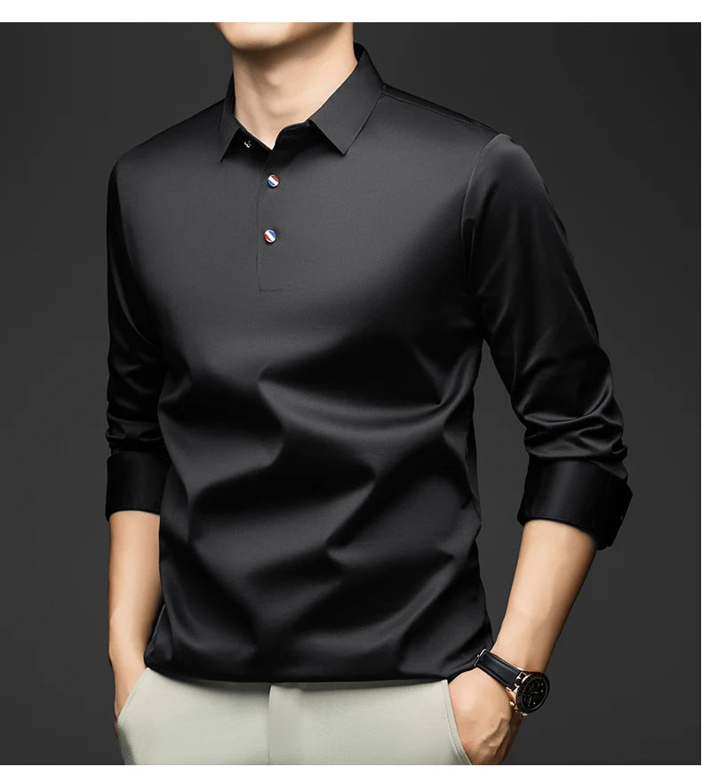 BROWON 2025 Spring Autumn Casual Work Tops Man Tshirt Long Sleeve Solid Color Soft Elegant Business Mulberry Silk T Shirt Man