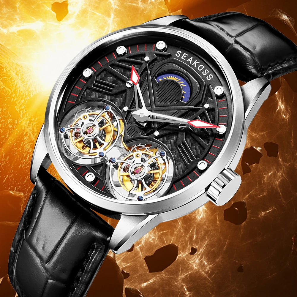 SEAKOSS Luxury Skeleton Men's Tourbillon Manual Mechanical Watches Double Tourbillon Luminous Hands Watch for Men Sapphire Glass