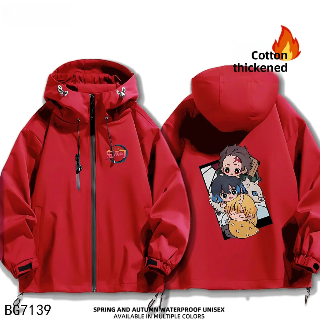 Ruike Men's Thiened Cotton Hooded Jaet Casual Outdoor Waterproof Spring Autumn Winter Anime Ghost Slayer Coat Jaet