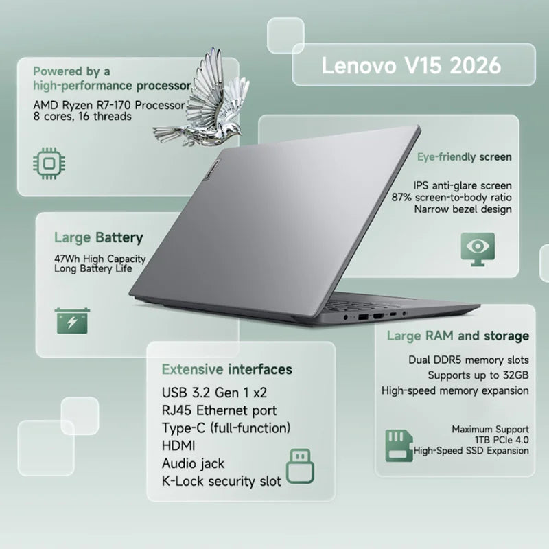 Lenovo Laptop Lenovo V15 2026 15.6“ Slim office and gaming laptop AMD Ryzen7 170 16G DDR5 1TB/2TB SSD Notebook Computer PC