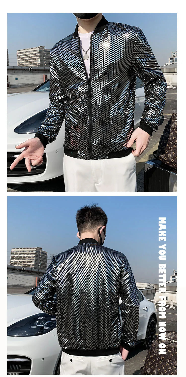 Y2K Men's Streetwear Night Club Stage Thin Motorcycle Jackets Fashion Men Hip Hop Sequined Bombers Jacket Coat Fashion Clothing