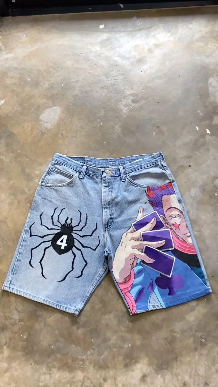 Japan Cartoon Anime Characters Graphic Print Hip Hop Denim Shorts Y2k Harajuku Retro Straight Jorts Streetwear Men Women Shorts
