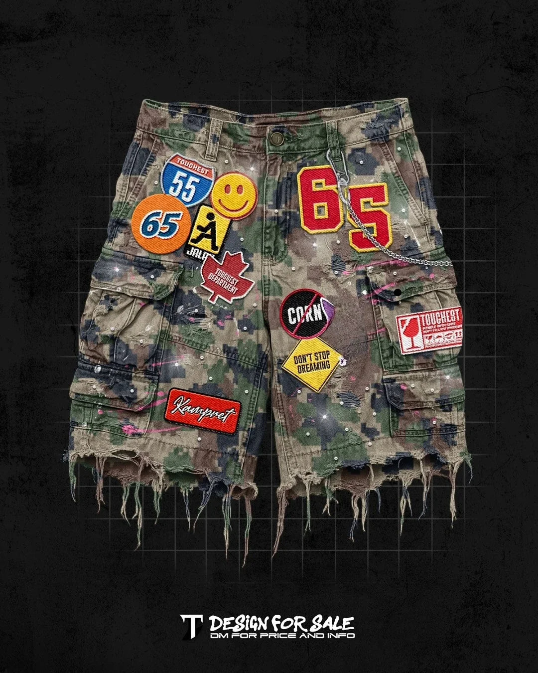 Hip Hop Retro Camo Patchwork Denim Shorts Streetwear Y2K Jeans Men Women Cartoon Graphics Loose Denim Fitness Casual Shorts