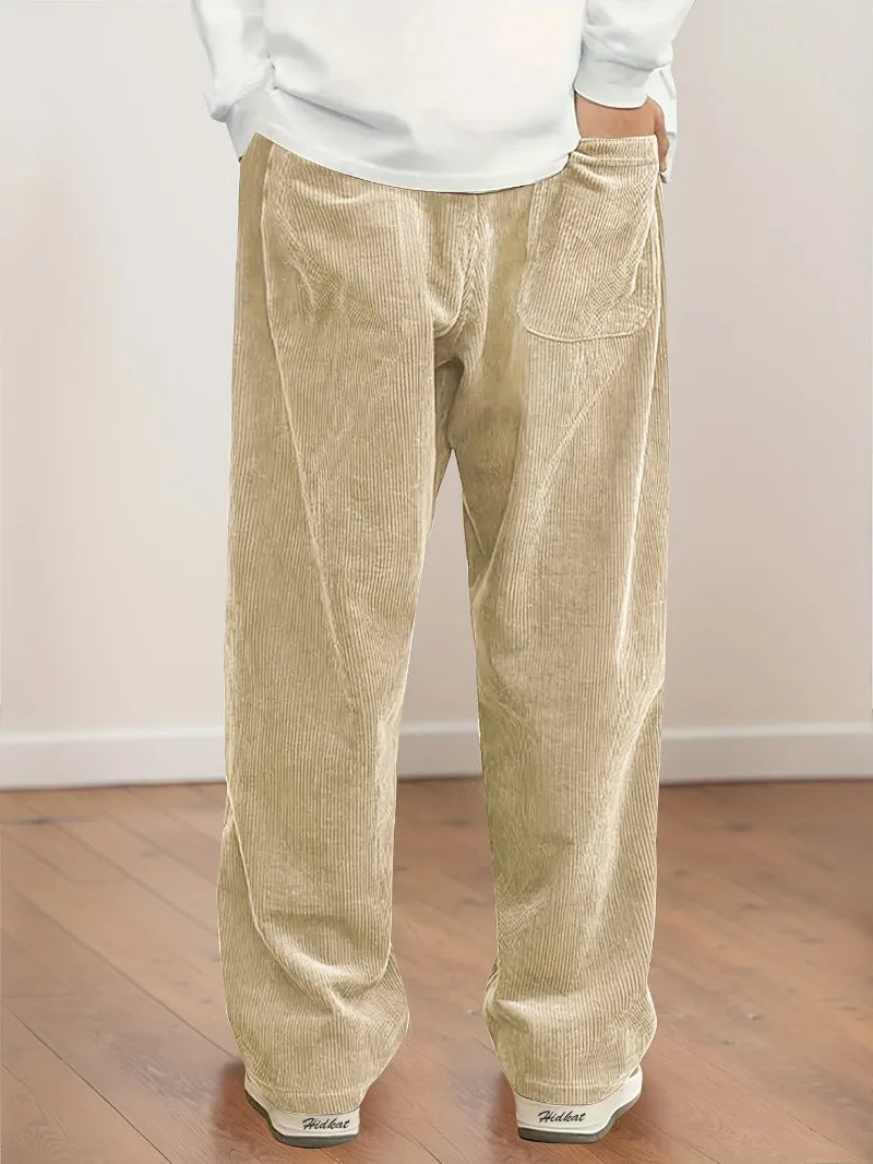 Women's Corduroy Pants Texture Straight-Leg Trousers with Drawstring Waist & White Piping - All-Season Casual to Semi-Formal