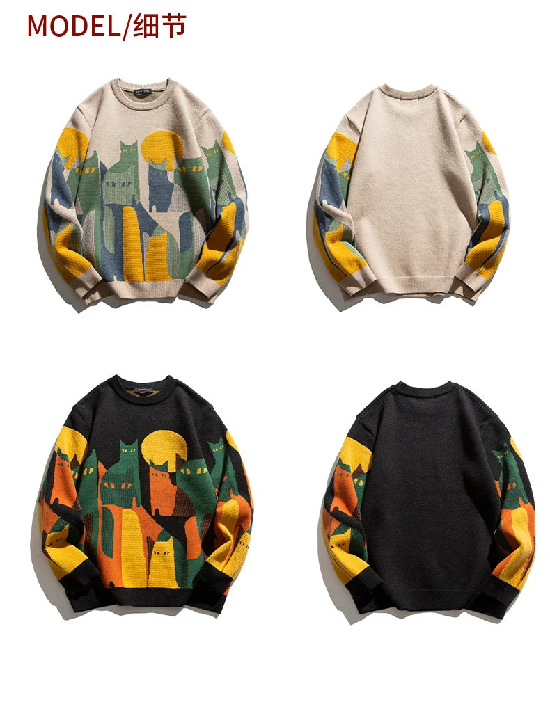 2024 Autumn Knitted Sweater Men Women Winter Harajuku Cartoon Full Cat Print Pullover Vintage Causal Loose Sweaters Streetwear