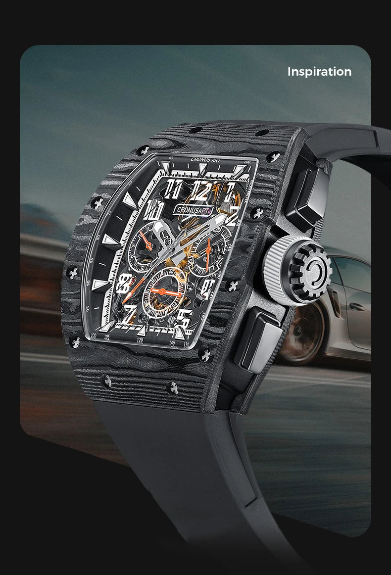CRONUSART Men Automatic Watch 50MM Chronograph Tonneau Mechanical Wristwatch Sport Carbon Fibre Case Luminous Fluororubber Strap