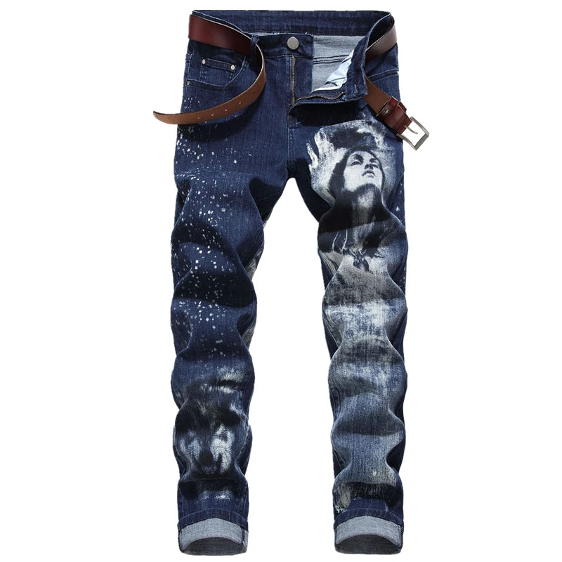 2026 Men's Blue 3D Printing Jeans, Black Wolf Pattern Printed Punk Straight Cotton Casual Print Denim Pants Asian Size 28-42